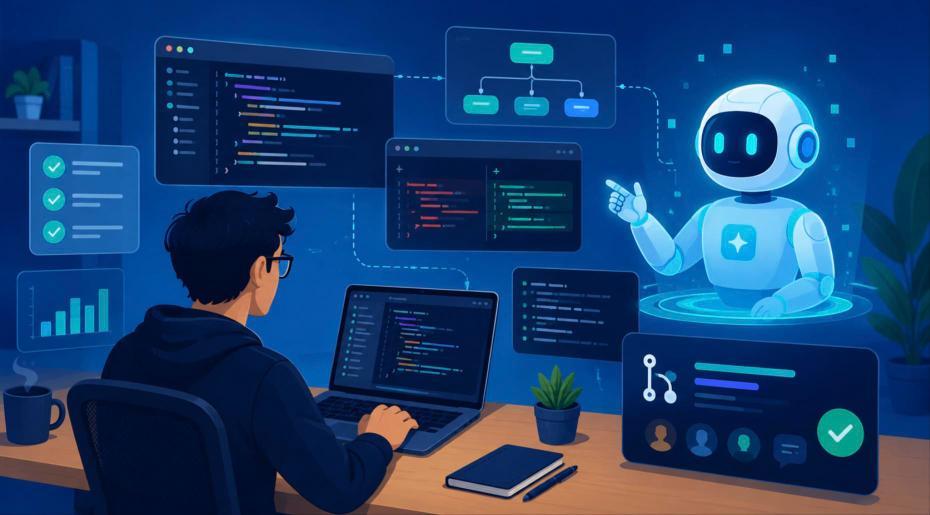 Illustration of a developer at a desk working alongside an AI coding agent surrounded by code panels, tests and a pull request card