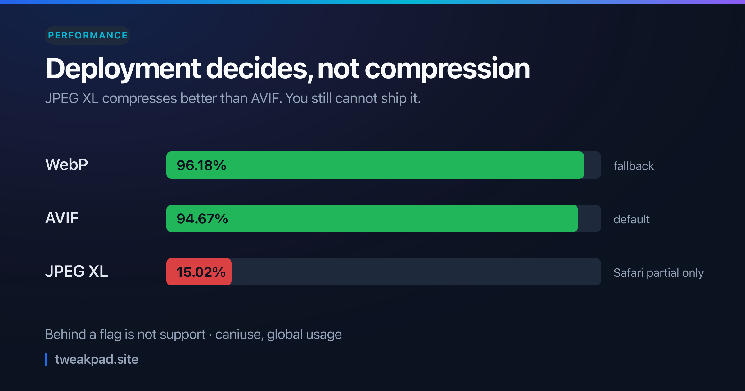 Bar chart of image format browser support: WebP at 96.18 percent, AVIF at 94.67 percent, and JPEG XL at 15.02 percent with Safari partial support only